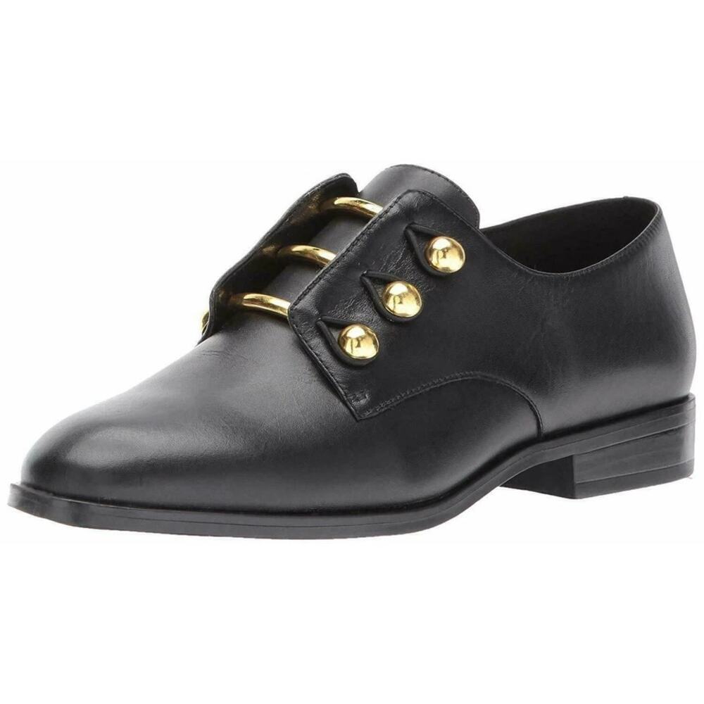 Nine West Women's Black Gold Leather Jon Slip On Loafer Shoes Size 7.5